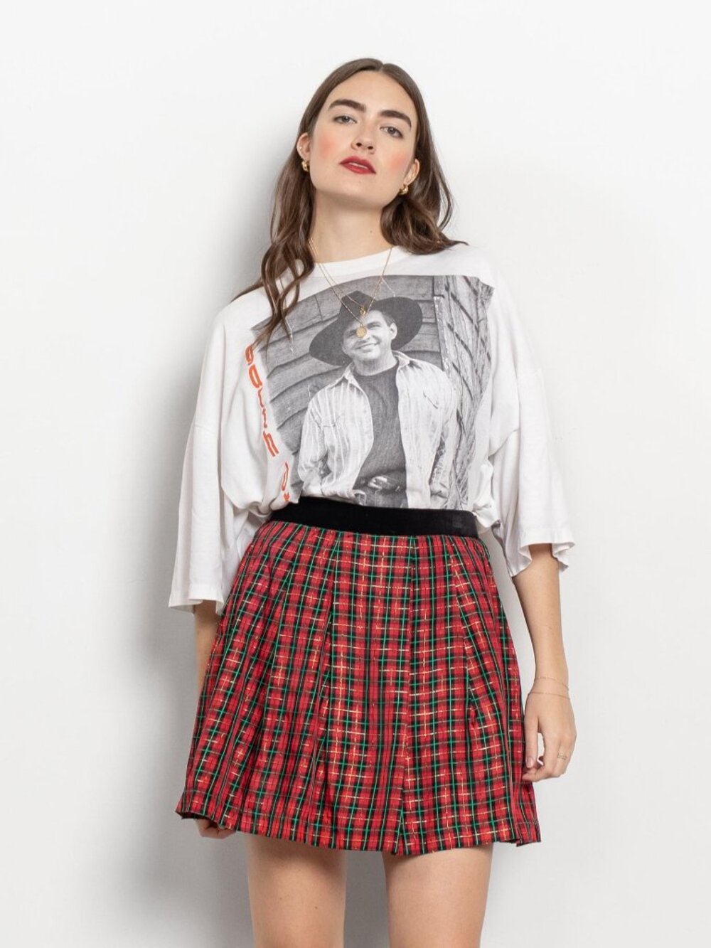 Vintage Plaid Mini Skirt: Red, Green, Sparkly Velvet Pleated Waistband